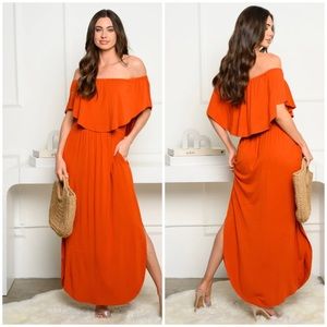 OFF SHOULDER RUFFLE FRONT MAXI DRESS